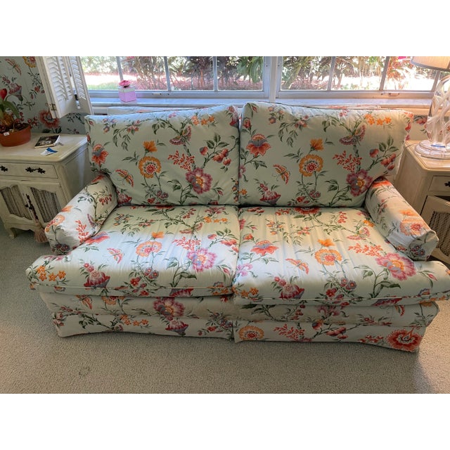 Shabby Chic Mid 20 Th C Vintage Floral Chintz Loveseat Sofa Blue Orange For Sale - Image 3 of 14