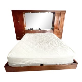 Ethan Allen Canova Collection Campaign Style Cherry Platform Bed With Built in Wardrobe, Mirror, and Light For Sale