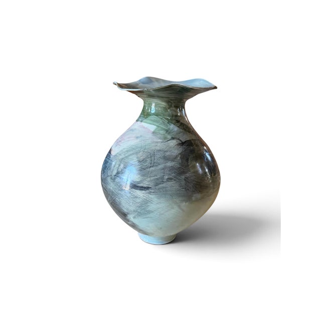 Signed Abstract Studio Pottery Vase With Sculptural Wavy Rim For Sale In Miami - Image 6 of 7