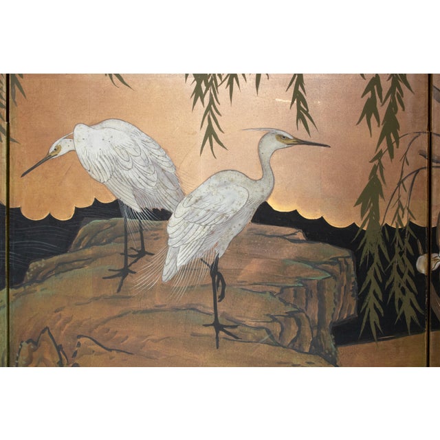 "Willow and White Herons" by Yukiga, 1970s Showa Era Japanese Painted Byobu Screen For Sale In Dallas - Image 6 of 18