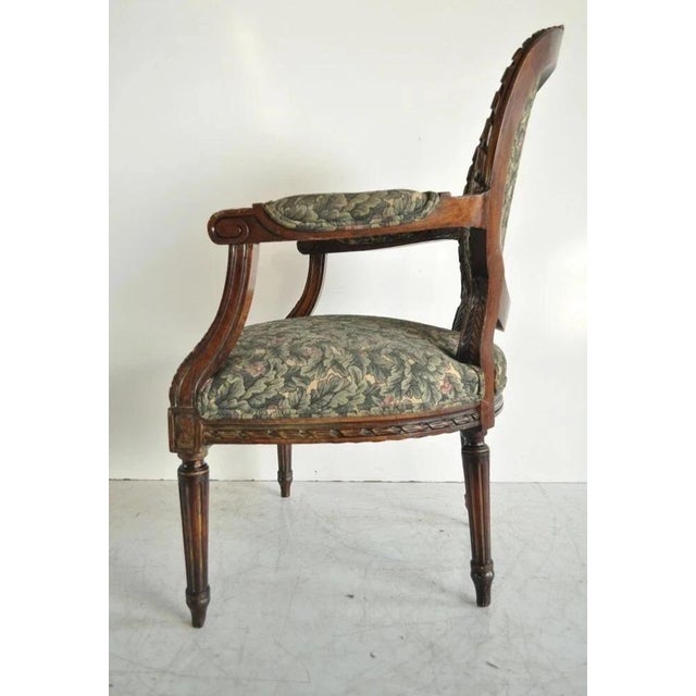 Vintage French Louis XVI Style Carved Walnut Fireside Arm Chair Fauteuil For Sale - Image 9 of 11
