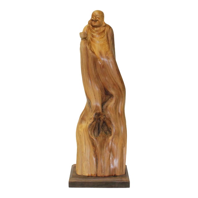 Chinese Cypress Wood Carved Irregular Shape Happy Buddha Statue For Sale