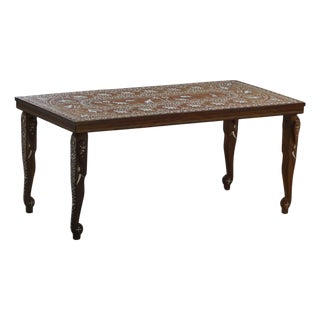 Vintage Mid 20th Century Indian Inlaid Teak Coffee Table with Elephant Motifs, 1960s For Sale