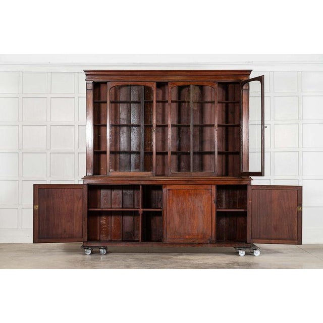 Circa 1880 large english 19thc mahogany glazed together w216.5 x d42 x h223.5 cm base w216.5 x d42 x h86.5 cm base...