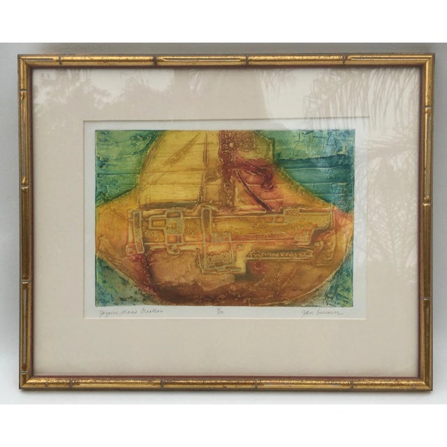 A superb mechanical-styled artistic print that was engraved, debossed and monotype printed. Beautifully colored on heavy...