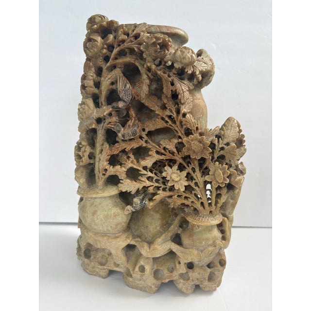 Mid 20th Century Chinese-Style Carved Soapstone Vase With Birds & Flowers For Sale - Image 4 of 12