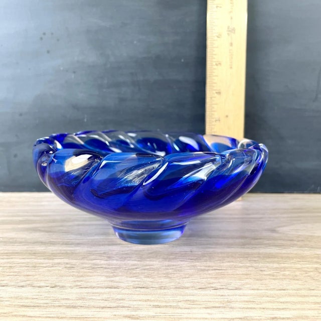 Vintage Art Glass Encased Cobalt Blue and Clear Blown Glass Dish For Sale In Boston - Image 6 of 6