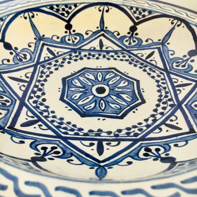 Mediterranean Mid 20th Century Hand Painted Blue + White Moroccan Bowl For Sale - Image 3 of 6