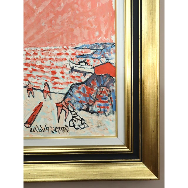Orange Mid-Century Modern 'Coral Sunset' Original Coastal Landscape Oil Painting by Swedish Artist Uno Vallman (1913-2004), Framed For Sale - Image 8 of 13