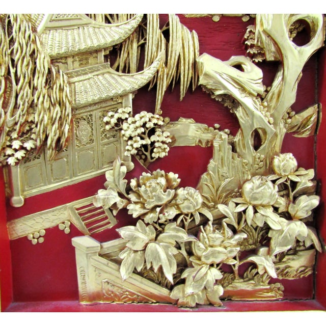 Early 20th Century Chinese Black Lacquer Painted and Carved Gold Giltwood Wall Hanging Panels - a Pair For Sale In Miami - Image 6 of 12