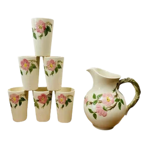 1940s Franciscan Desert Rose Pitcher and Glass Set- 7 Pieces