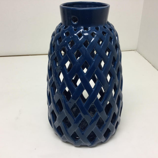 Late 20th Century Blue Open Weave Ceramic Vase/Lantern Chairish