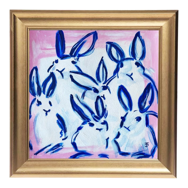 Blue Bunny Painting Original Art Framed Gold, Bunny Wall Art, Preppy Chinoiserie Decor by Tatiana Duperault For Sale