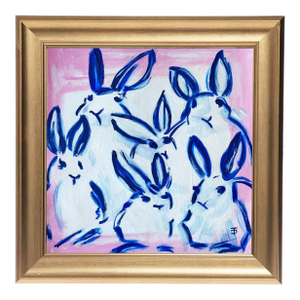 Blue Bunny Painting Original Art Framed Gold, Bunny Wall Art, Preppy Chinoiserie Decor by Tatiana Duperault