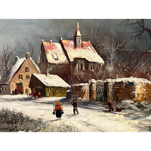 Realism European Village in Winter Snow with Figures & Frozen Pond by German Artist 1972 For Sale - Image 3 of 18