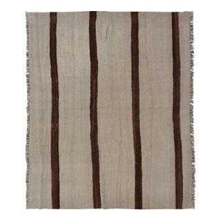 Turkish Vintage Kilim Rug Ivory Beige With Brown Stripes Wool Flatweave For Sale