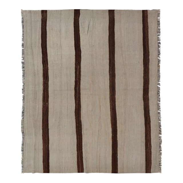 Turkish Vintage Kilim Rug Ivory Beige With Brown Stripes Wool Flatweave For Sale