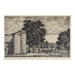 1943 Luigi Lucioni Two Silos Farm Landscape Etching For Sale