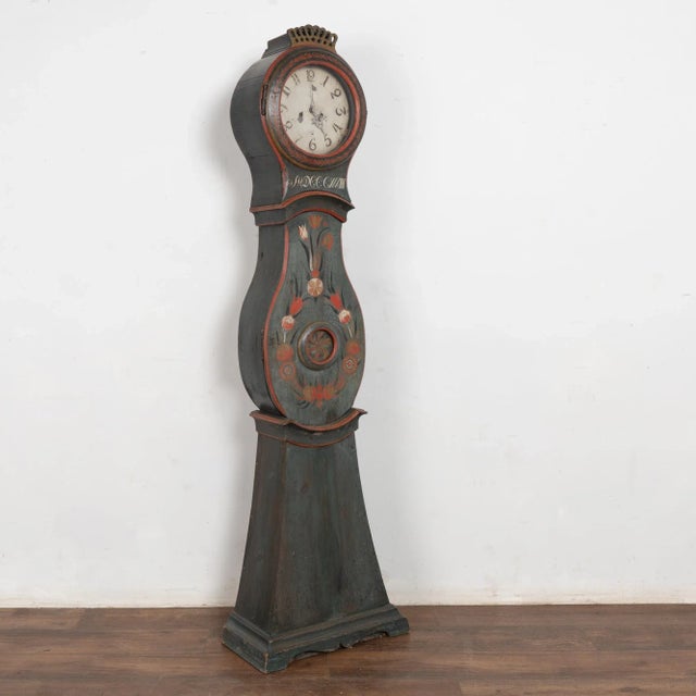 Folk Art 19th Century Original Blue Painted Swedish Mora Grandfather Clock For Sale - Image 3 of 11