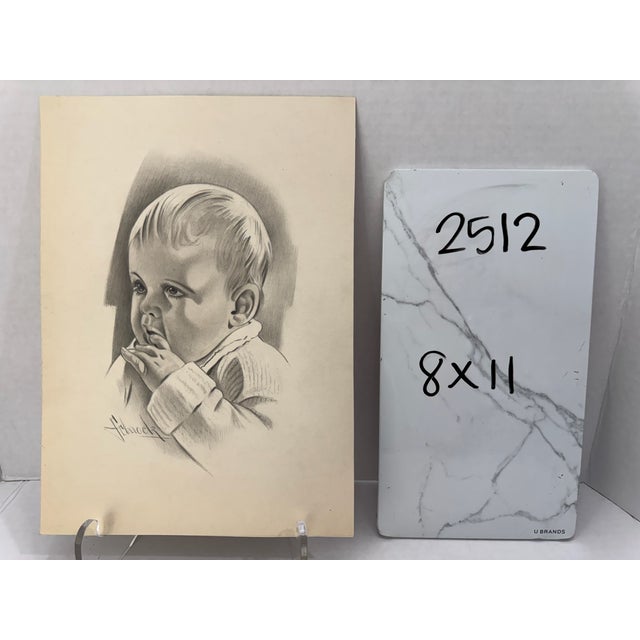 1940s Original Signed Graphite Illustration of Thoughtful Baby Portrait, 11 × 8 In. For Sale In Atlanta - Image 6 of 6