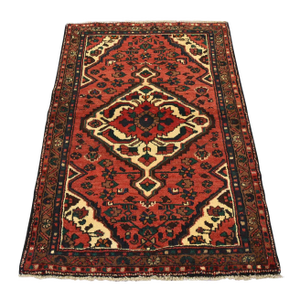 Hamedan Rug 3'5'' X 5' Red Wool Semi-Antique Tribal Hand-Knotted Carpet