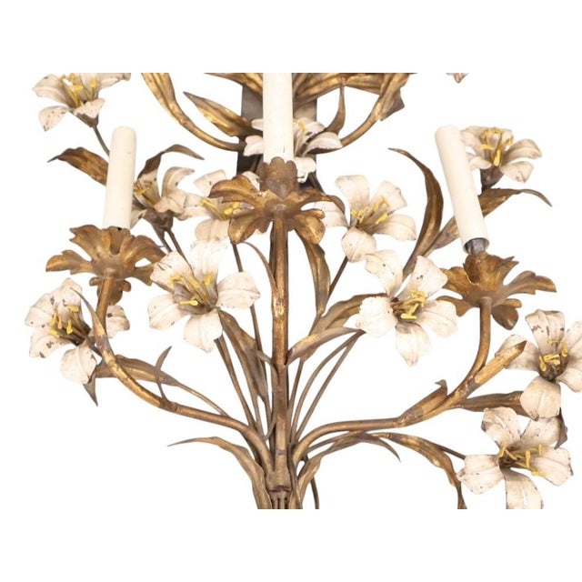 Vintage French Tole and Brass Floral Sconces For Sale - Image 4 of 9