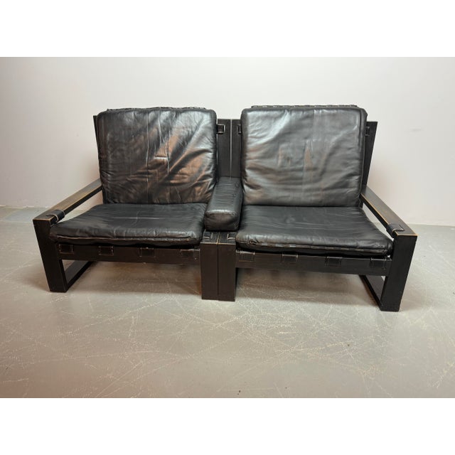 Wood Mid-Century Brutalist Black Leather Lounge Chairs with Black Wooden Frames by Sonja Wasseur, Netherlands, 1970s, Set of 2 For Sale - Image 7 of 14