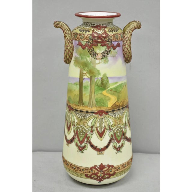 Victorian Antique Nippon Hand Painted Porcelain Countryside Moriage Tall Twin Handle Vase For Sale - Image 3 of 18