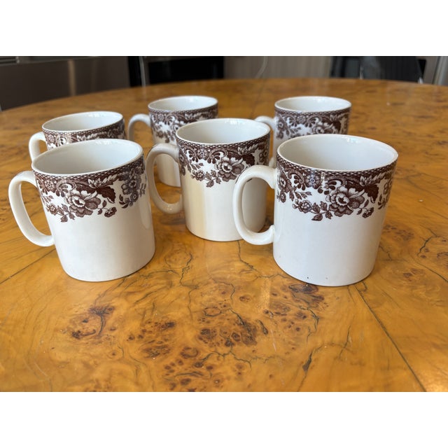 Set of six vintage porcelain coffee mugs by Spode in the classic Delamere pattern in chocolate brown botanical...