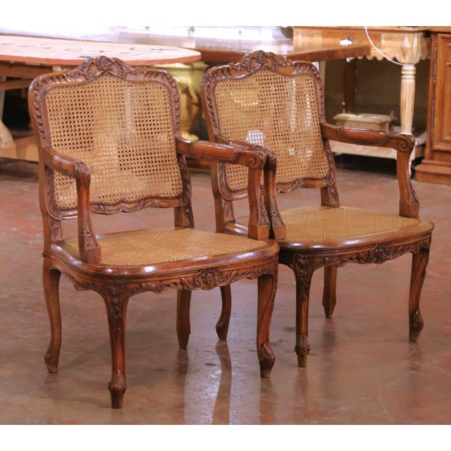 Mid 20th Century Pair Mid-Century French Louis XV Style Walnut Caned and Leather Desk Armchairs For Sale - Image 5 of 13