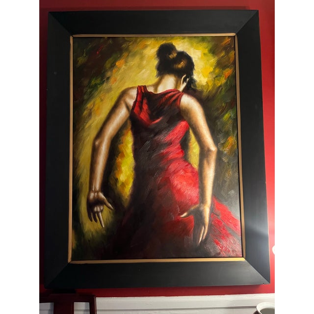 Wood Expressive Spanish Flamenco Dancer Oil Painting in Red and Gold, Early 21st Century For Sale - Image 7 of 12