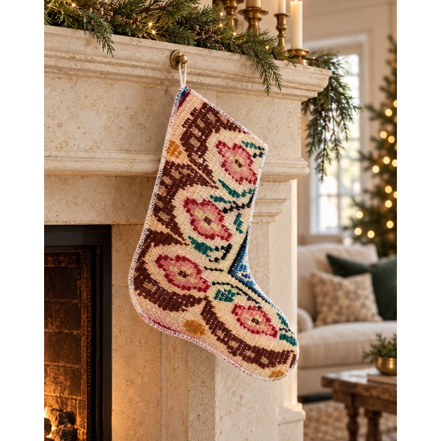 This one-of-a-kind Christmas stocking is hand-altered from an authentic vintage Turkish rug, hand-knotted in wool circa...