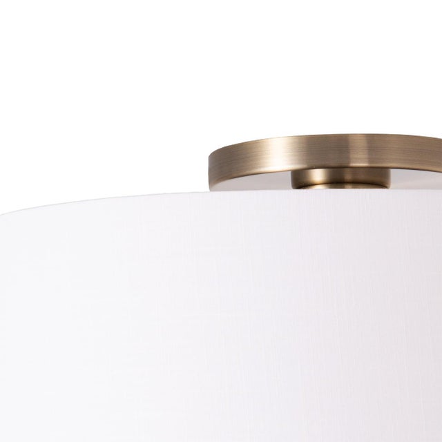 Nova Mid-Century Modern Stretch Flush Mount - Weathered Brass Steel, White Linen Drum Shade For Sale - Image 4 of 5