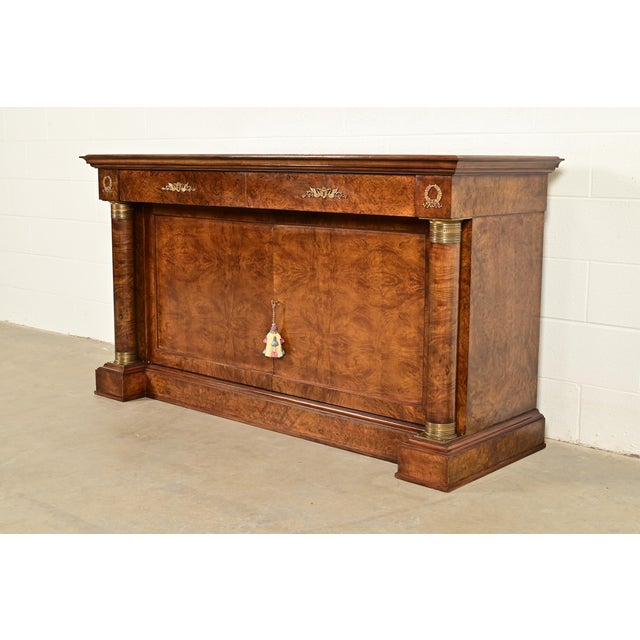 French Baker Furniture Style French Empire Burl Wood Sideboard or Bar Cabinet With Mounted Ormolu For Sale - Image 3 of 15