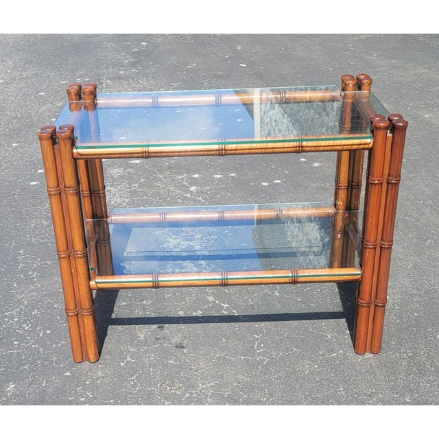 Regency Style Faux Bamboo Mahogany Two Tier Glass Side Tables. A Pair For Sale - Image 10 of 13