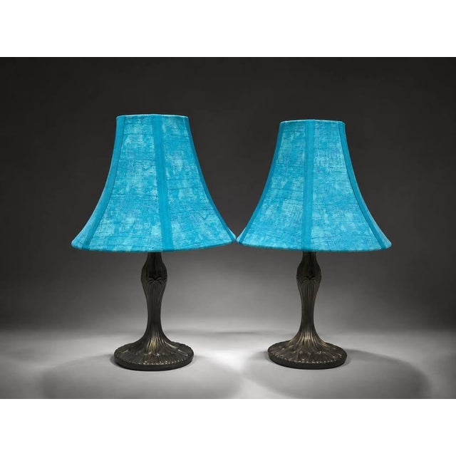 Mid 20th Century Matching Pair of Blue Shade Table Lamps With Bronze Tone Bases For Sale In Miami - Image 6 of 6