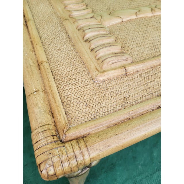 Vintage Coastal Regency Double Palm Tree Carved Wicker Bamboo Desk Dining Table For Sale - Image 11 of 12