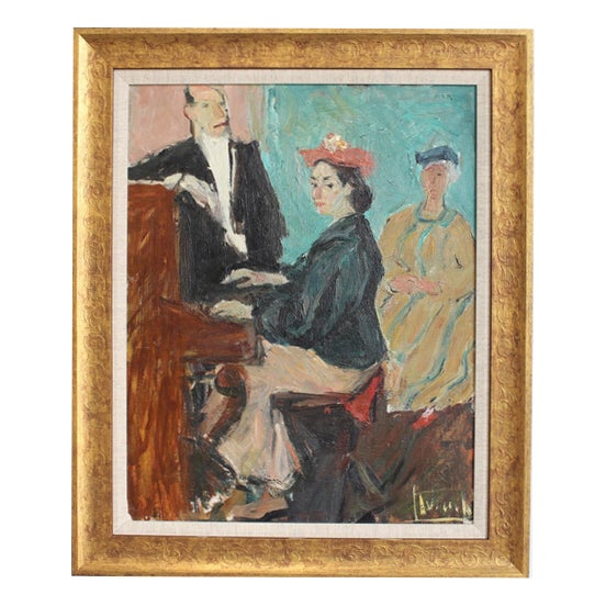 Carlo Striccoli, Figure at the Piano, 1960s, Oil on Board, Framed For Sale