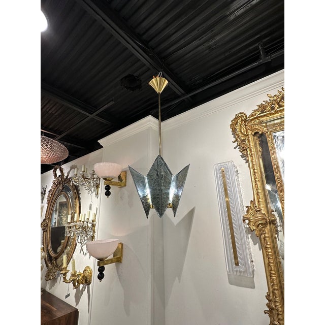 Modern Murano glass and brass pendant light in Fontana green. The chandelier has been professionally re-wired, cleaned and...