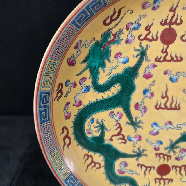 Chinese Ceramic Plate,Qianlong Marked Yellow Ground Famille Rose Porcelain Plate Hand Painted Double Dragon Pattern For Sale In Seattle - Image 6 of 10
