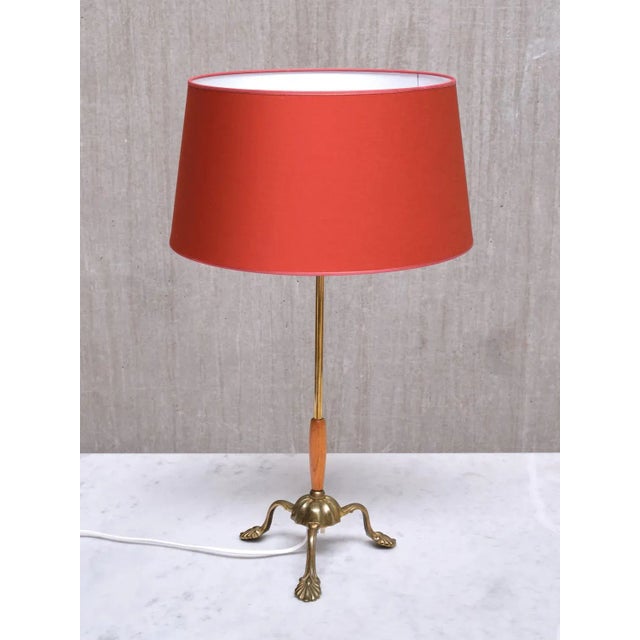 Mid-Century Modern Edvard Hagman Table Lamp in Brass, Elm and Vermillion Shade, Sweden, 1940s For Sale - Image 3 of 12