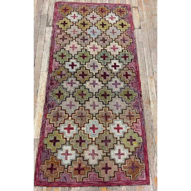 19th Century 1880s Multicolor Field Cross Folk Art Antique American Knotted Wool Hooked Rug For Sale - Image 5 of 6