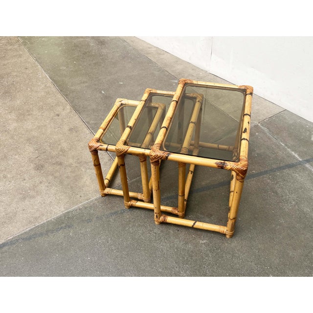 Mid-Century Modern Bamboo and Glass Nesting Tables, 1960s, Set of 3 For Sale - Image 9 of 18