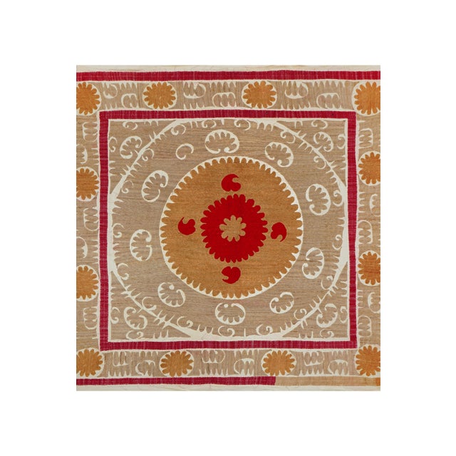 Textile Suzani Tablecover – Red Terracotta Beige Wall Decor 4'1'' X 4'2'' For Sale - Image 7 of 10