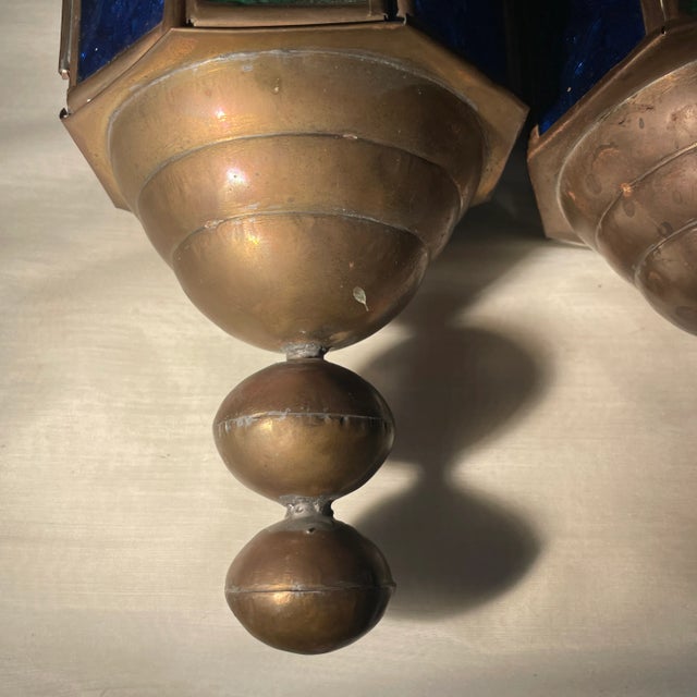 1940s Vintage Stained Glass and Brass Church Pendant Light Fixtures a Pair For Sale - Image 4 of 12