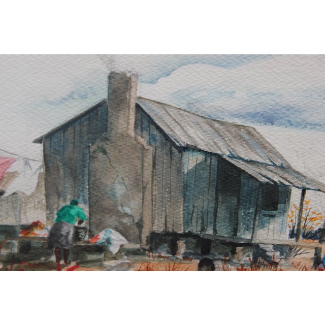 Rural landscape painting in an idealized style. The painting is done in watercolor and is signed by the artist in the...