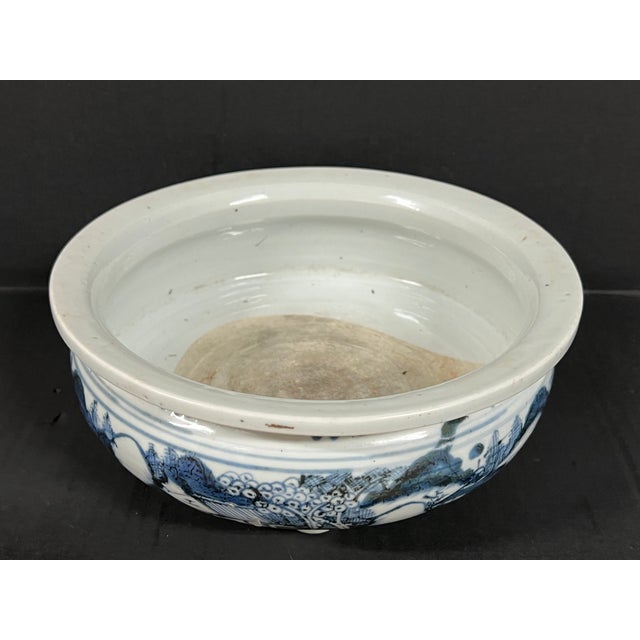 Late 20th Century Chinese Art Porcelain Blue and White Incense Burner With Mountain Scenery Design For Sale - Image 12 of 14