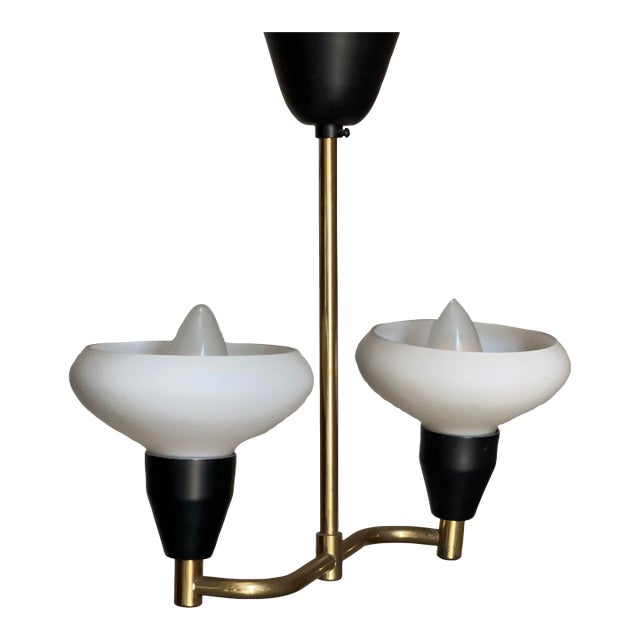 1950s Brass, Metal, and Opaline Glass Hanging Ceiling Light, Sweden For Sale