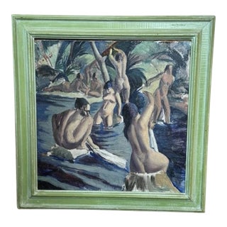 Antique 1925 Clement Haupers Oil on Board Art Deco Bathers Framed & With Labels For Sale