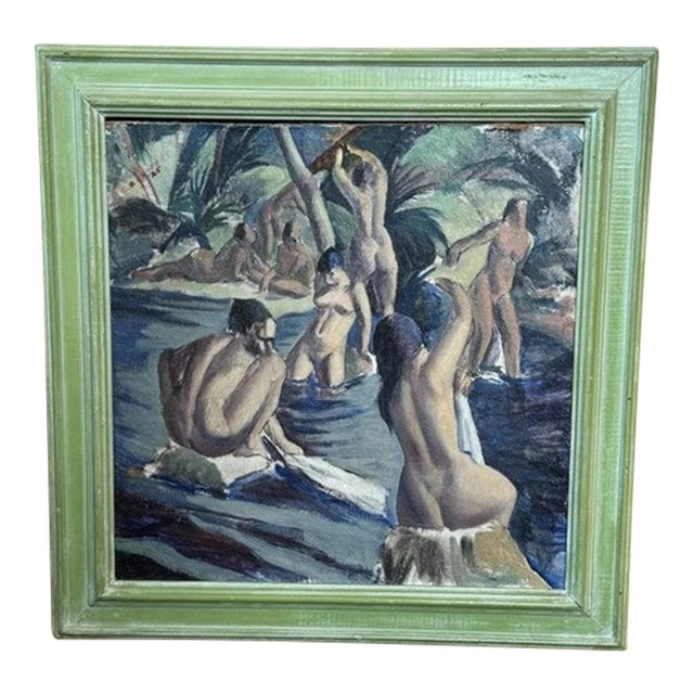 Antique 1925 Clement Haupers Oil on Board Art Deco Bathers Framed & With Labels For Sale